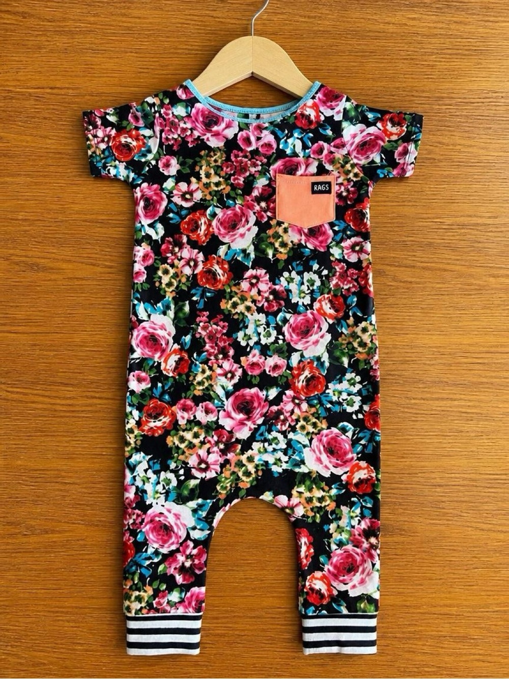 RAGS 3/4T Floral Pocket Romper Black Pink Roses Boutique Short Sleeve USA